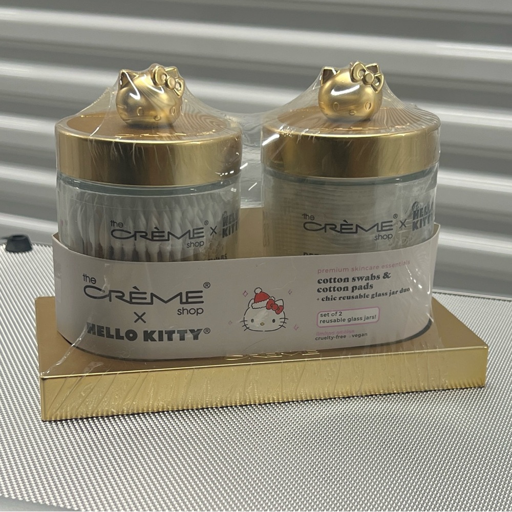 Hello Kitty + Crème Shop glass bottles vanity gold tray w/Qtips & Cotton balls